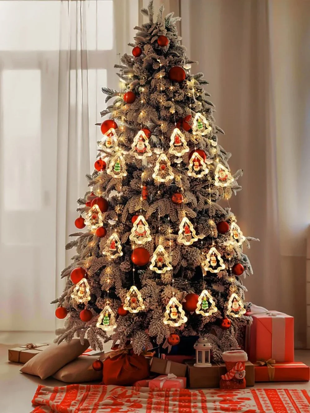 Christmas Window Curtain Lights 10 Ornaments 120 LED Battery Operated Warm White